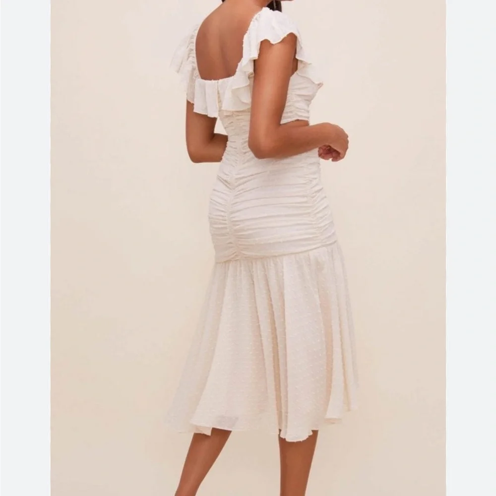 ASTR Ivory Cream Off White Swiss Dot Textured Ruched Ruffle Cut Out Midi Dress - Picture 11 of 17